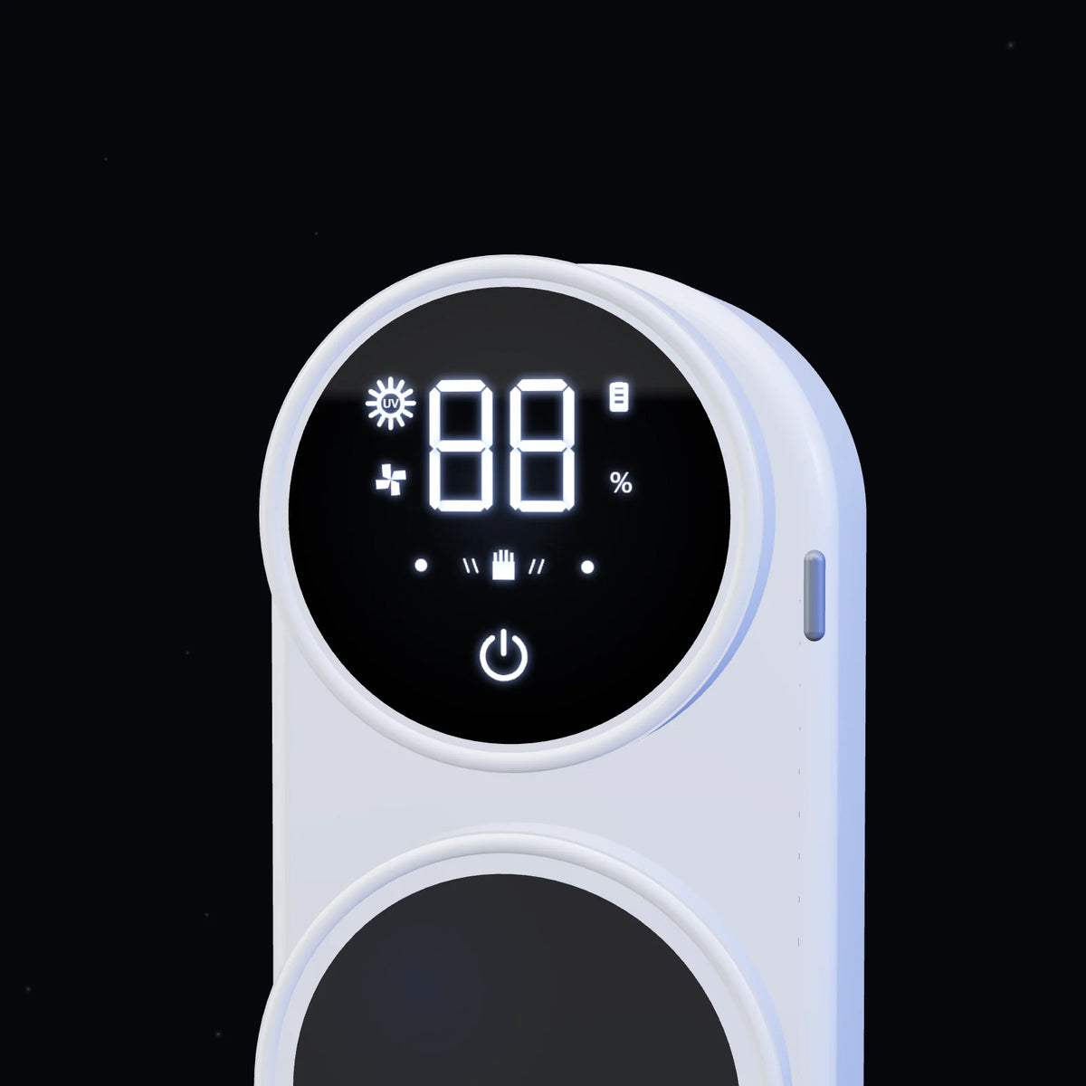 Close-up of the round LED display and touch power key