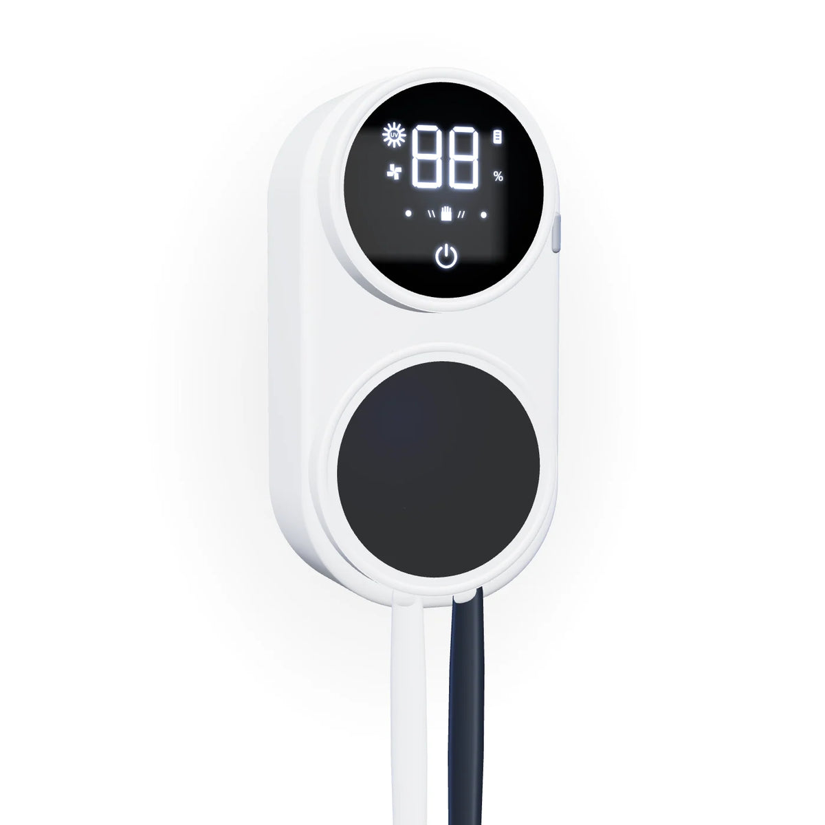 Paragon Orbit wall-mounted brush holder with round display and closed rotating cover, front view
